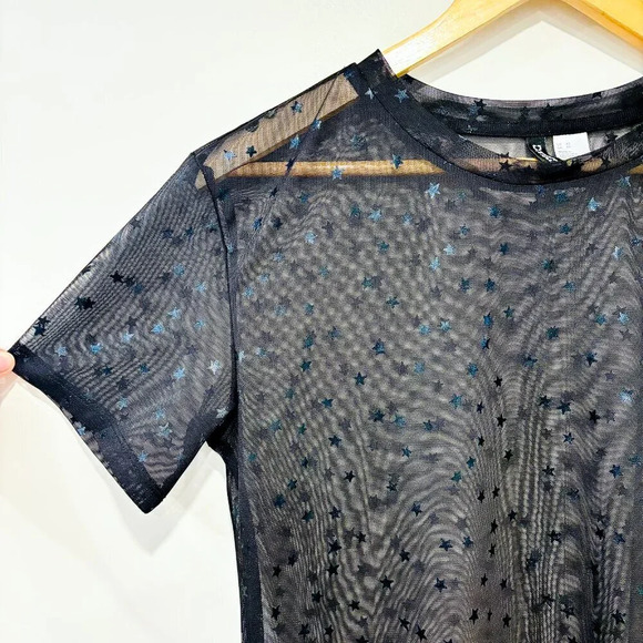 DIVIDED Black Sheer Mesh Star Top | Transparent Party Tee * - Picture 2 of 7